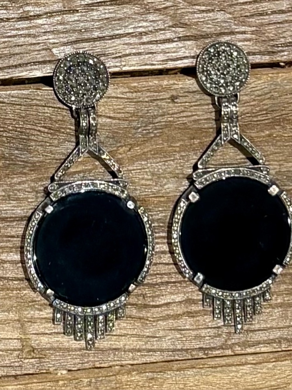 Vintage Art Deco Chandelier earrings. Sterling, marcasite, onyx/jet black.